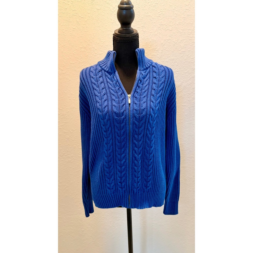 Lands End Womens Blue Cable Knit Full Zip Cardigan Sweater Mock Neck Size M